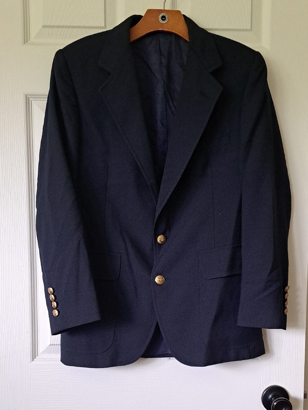 Vintage Stanley Blacker Navy Wool Blend Gold Button Sport Coat Blazer USA